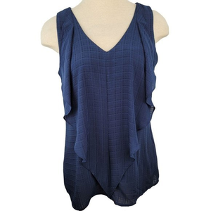 AB Studio Women Size Medium Blue V Neck Sleeves Ruffled Front Lined Blouse Shirt